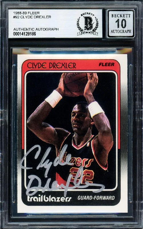 Men's basketball card performance pack -Clyde Drexler Autographed 1988-89 Fleer Card #92 Portland Trail Blazers Auto Grade Gem Mint 10 Beckett BAS Stock #205734