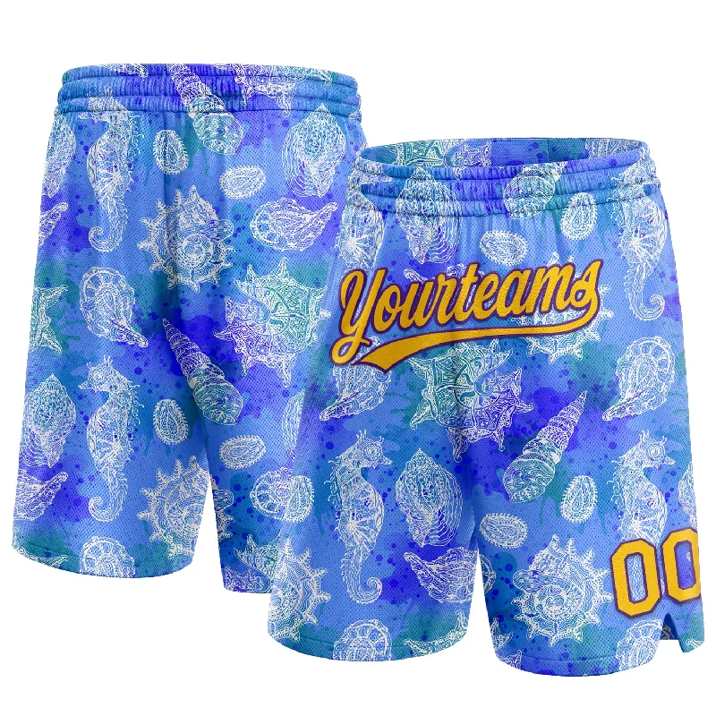 Men's basketball shorts active-urban -Custom Royal Yellow-Purple 3D Pattern Conch And Seahorse Authentic Basketball Shorts