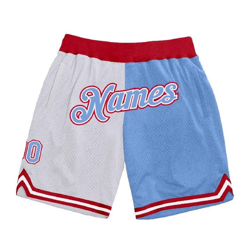 Men's basketball shorts elite-sleek -Custom White Light Blue-Red Authentic Throwback Split Fashion Basketball Shorts