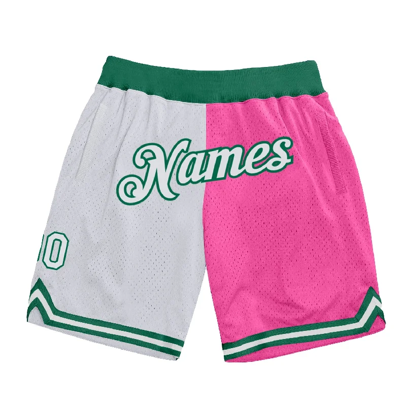 Men's basketball shorts pro-elite -Custom Pink White-Kelly Green Authentic Throwback Split Fashion Basketball Shorts