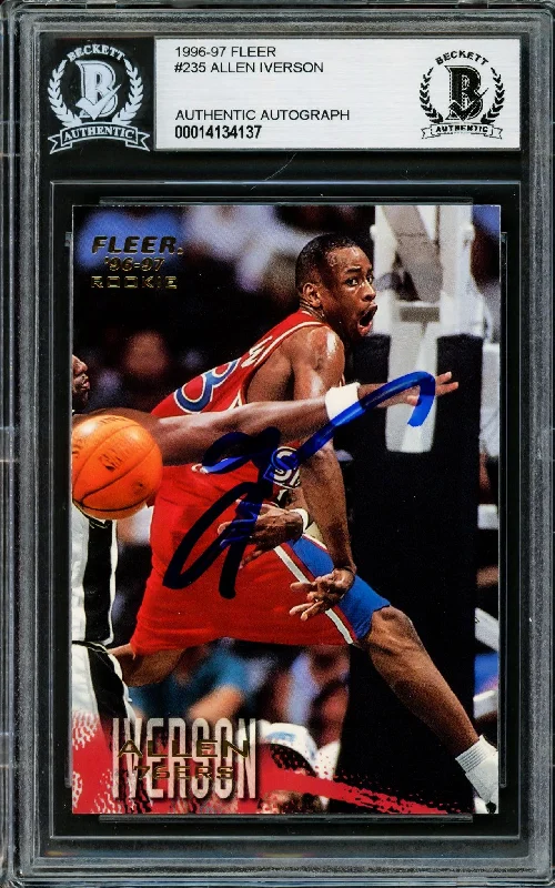 Men's basketball card squad series -Allen Iverson Autographed 1996-97 Fleer Rookie Card #235 Philadelphia 76ers Beckett BAS Stock #203752