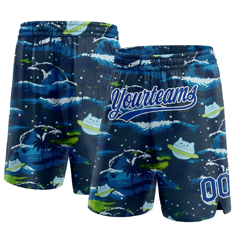 Men's basketball shorts dynamic-urban -Custom Navy Royal-White 3D Pattern Sea Wave Authentic Basketball Shorts