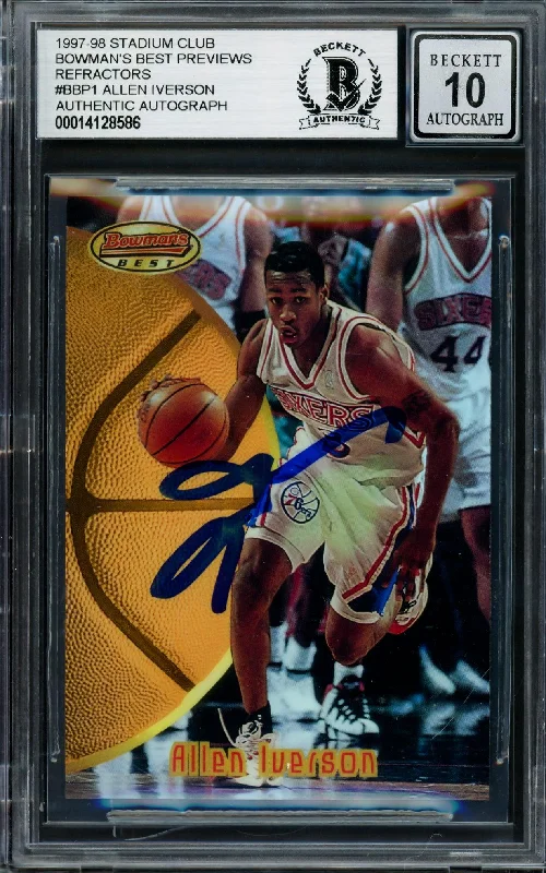 Men's basketball card durable card -Allen Iverson Autographed 1997-98 Bowman's Best Preview Refractor Rookie Card #BBP1 Philadelphia 76ers Auto Grade Gem Mint 10 Beckett BAS #14128586