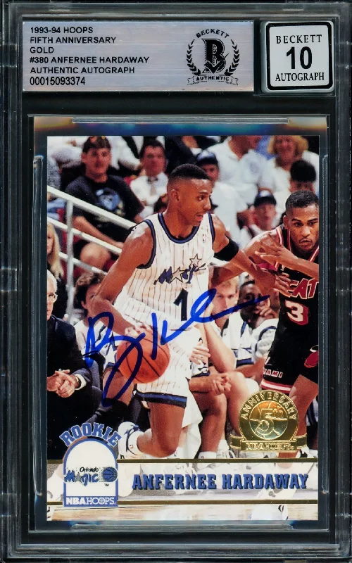 Men's basketball card vibrant colors -Anfernee Hardaway Autographed 1993-94 Hoops Gold Rookie Card #380 Orlando Magic Auto Grade Gem Mint 10 Beckett BAS #15093374