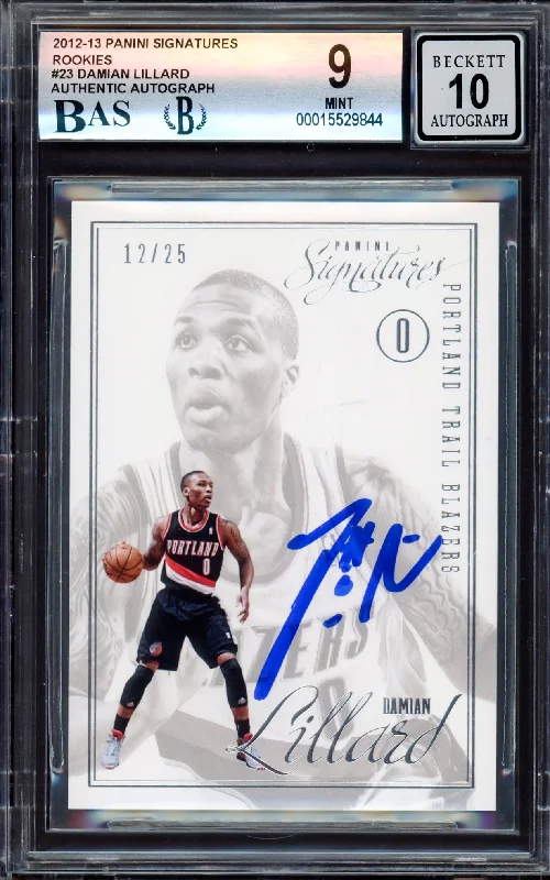 Men's basketball card pro series -Damian Lillard Autographed 2012-13 Panini Signatures Rookie Card #23 Portland Trail Blazers BGS 9 Auto Grade Gem Mint 10 #12/25 Beckett BAS #15529844