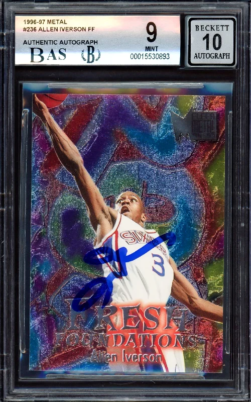 Men's basketball card player assortment -Allen Iverson Autographed 1996-97 Fleer Metal Fresh Foundations Rookie Card #236 Philadelphia 76ers BGS 9 Auto Grade Gem Mint 10 Beckett BAS #15530893