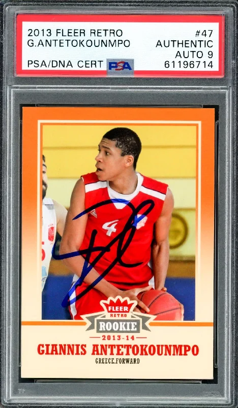 Men's basketball card brand name -Giannis Antetokounmpo Autographed 2013 Fleer Retro Rookie Card #47 Milwaukee Bucks Auto Grade Mint 9 PSA/DNA #61196714