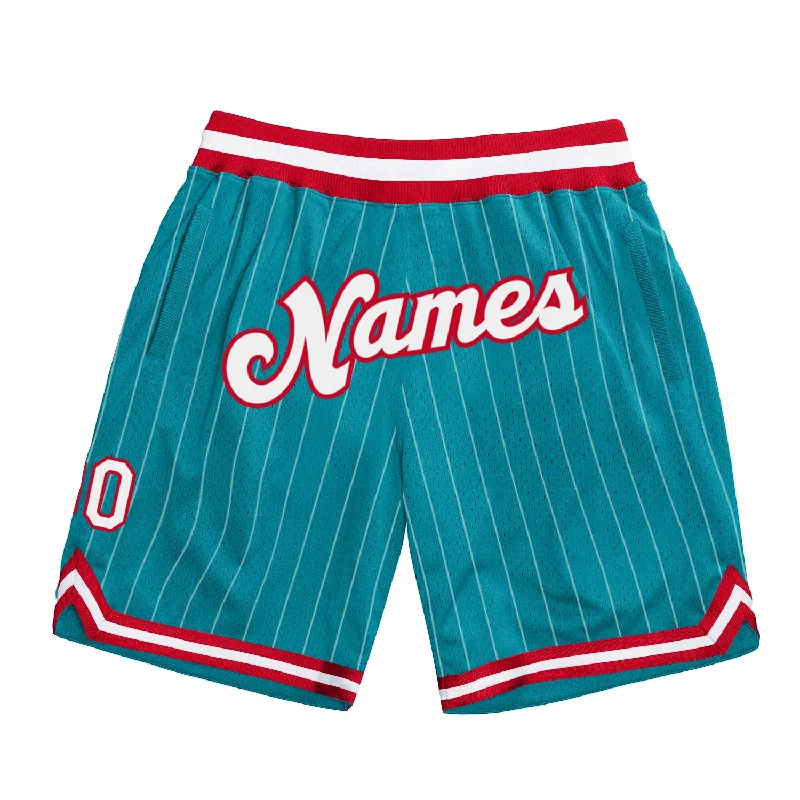 Men's basketball shorts breathable-pro -Custom Teal White Pinstripe White-Red Authentic Basketball Shorts