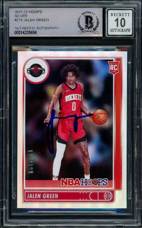 Men's basketball card budget buy -Jalen Green Autographed 2021-22 NBA Hoops Silver Rookie Card #218 Houston Rockets Auto Grade Gem Mint 10 #124/199 Beckett BAS #14235656