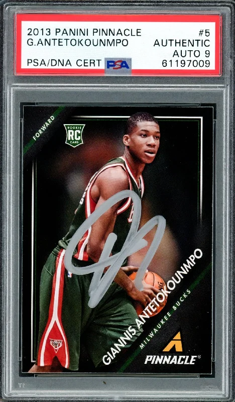 Men's basketball card squad promotion -Giannis Antetokounmpo Autographed 2013 Panini Pinnacle Rookie Card #5 Milwaukee Bucks Auto Grade Mint 9 PSA/DNA #61197009