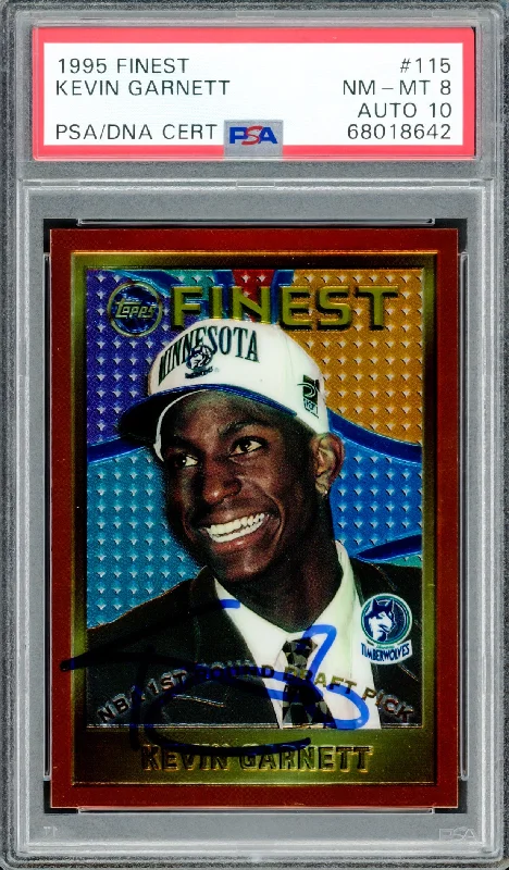 Men's basketball card leading brands -Kevin Garnett Autographed 1995 Topps Finest Rookie Card #115 Minnesota Timberwolves PSA 8 Auto Grade Gem Mint 10 PSA/DNA Stock #211157