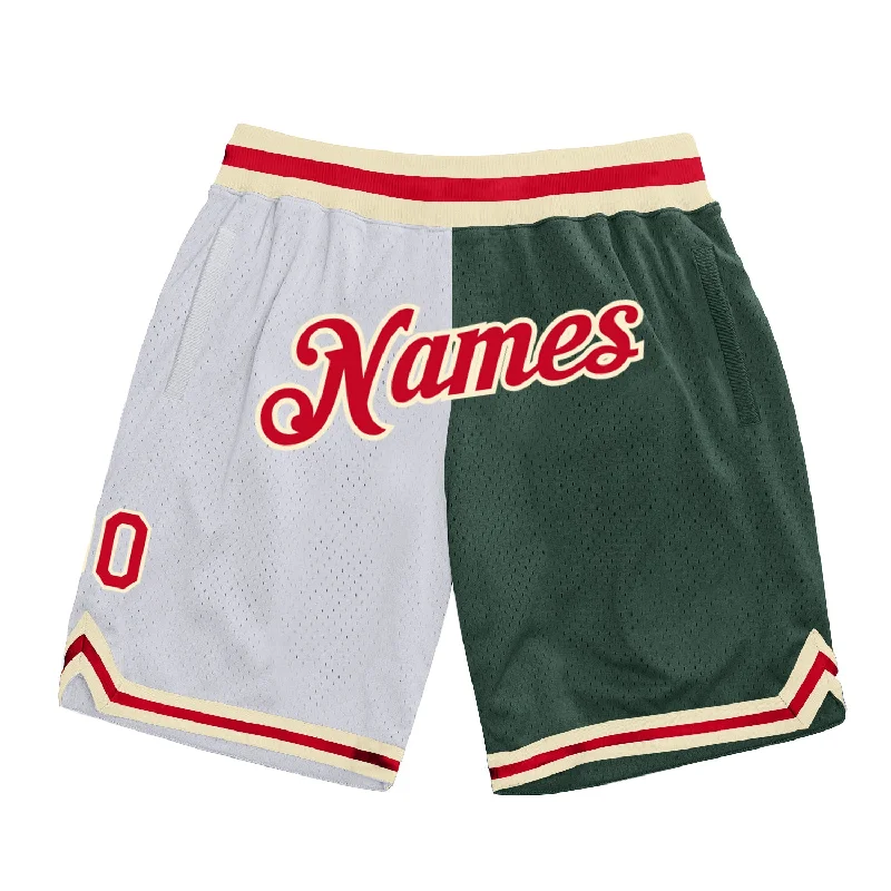 Men's basketball shorts stretch-elite -Custom White Red-Hunter Green Authentic Throwback Split Fashion Basketball Shorts