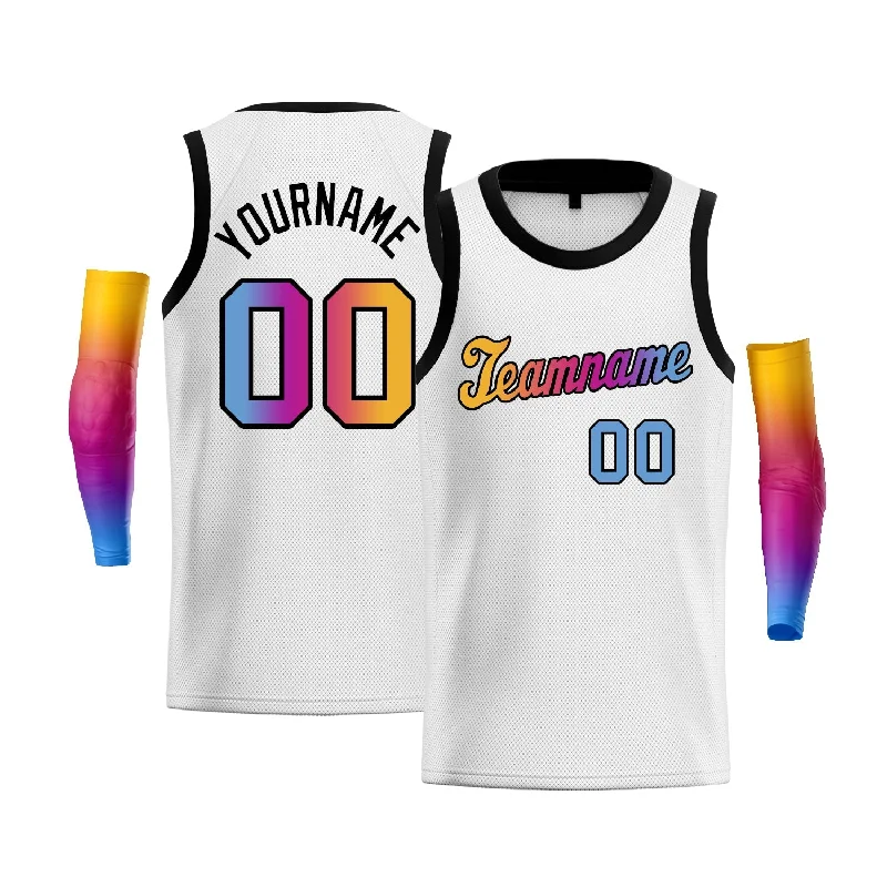 Men's basketball uniform athletic cut -Custom White Light Blue Yellow-Black Gradient Fashion Tops Basketball Jersey