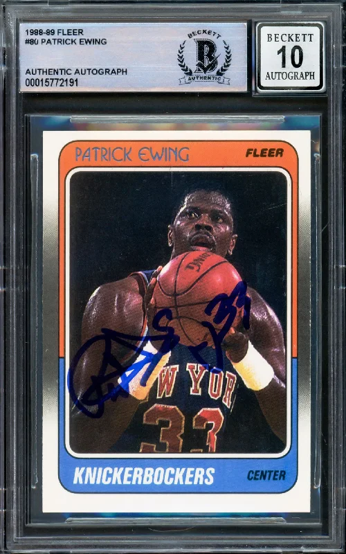 Men's basketball card trading deck -Patrick Ewing Autographed 1988-89 Fleer Card #80 New York Knicks Auto Grade Gem Mint 10 Beckett BAS #15772191