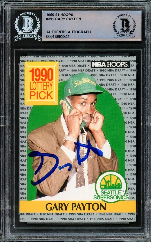 Men's basketball card rare lineup -Gary Payton Autographed 1990-91 Hoops Rookie Card #391 Seattle Supersonics Beckett BAS Stock #209777