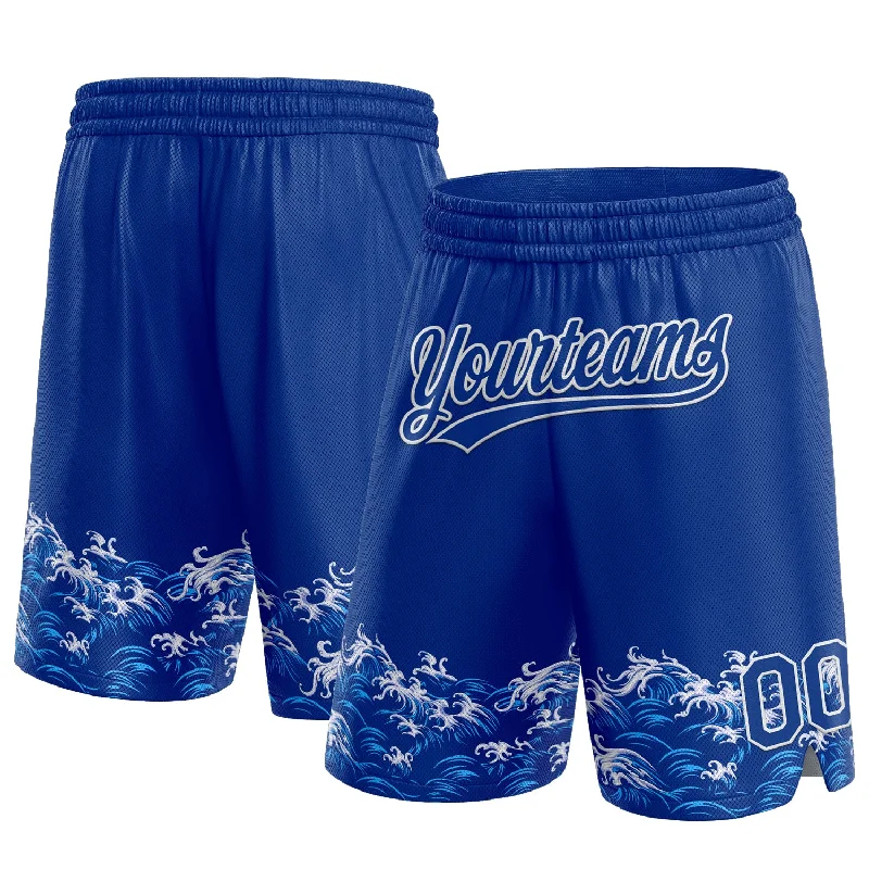 Men's basketball shorts stretch-team -Custom Royal White 3D Pattern Waves Authentic Basketball Shorts