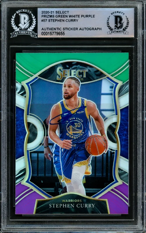 Men's basketball card team collection -Stephen Curry Autographed 2020-21 Panini Select Green White & Purple Prizm Card #57 Golden State Warriors Beckett BAS #15779655