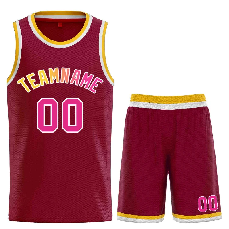 Men's basketball uniform athletic cut -Custom Maroon Pink-White Classic Sets Curved Basketball Jersey