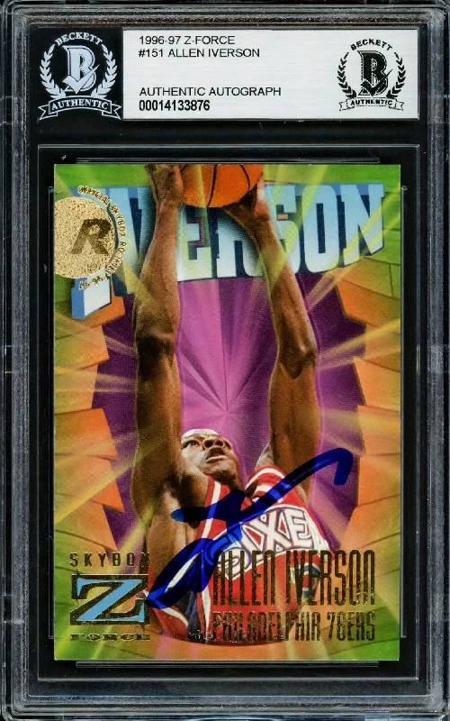 Men's basketball card budget lineup -Allen Iverson Autographed 1996-97 Skybox Z Force Rookie Card #151 Philadelphia 76ers Beckett BAS Stock #203721