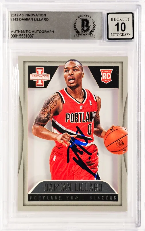 Men's basketball card crew lineup -Damian Lillard Autographed 2012-13 Panini Innovation Rookie Card #142 Portland Trail Blazers Auto Grade Gem Mint 10 #34/349 Beckett BAS #15531087