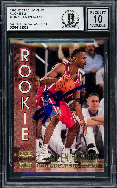 Men's basketball card affordable packs -Allen Iverson Autographed 1996-97 Stadium Club Rookie Card #R16 Philadelphia 76ers Auto Grade Gem Mint 10 Beckett BAS #14128552