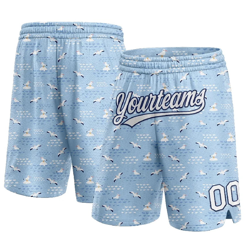 Men's basketball shorts cooling-team -Custom Light Blue White-Navy 3D Pattern Seagulls Authentic Basketball Shorts