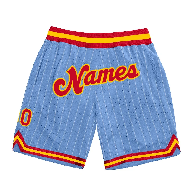 Men's basketball shorts lightweight-team -Custom Light Blue White Pinstripe Red-Gold Authentic Basketball Shorts