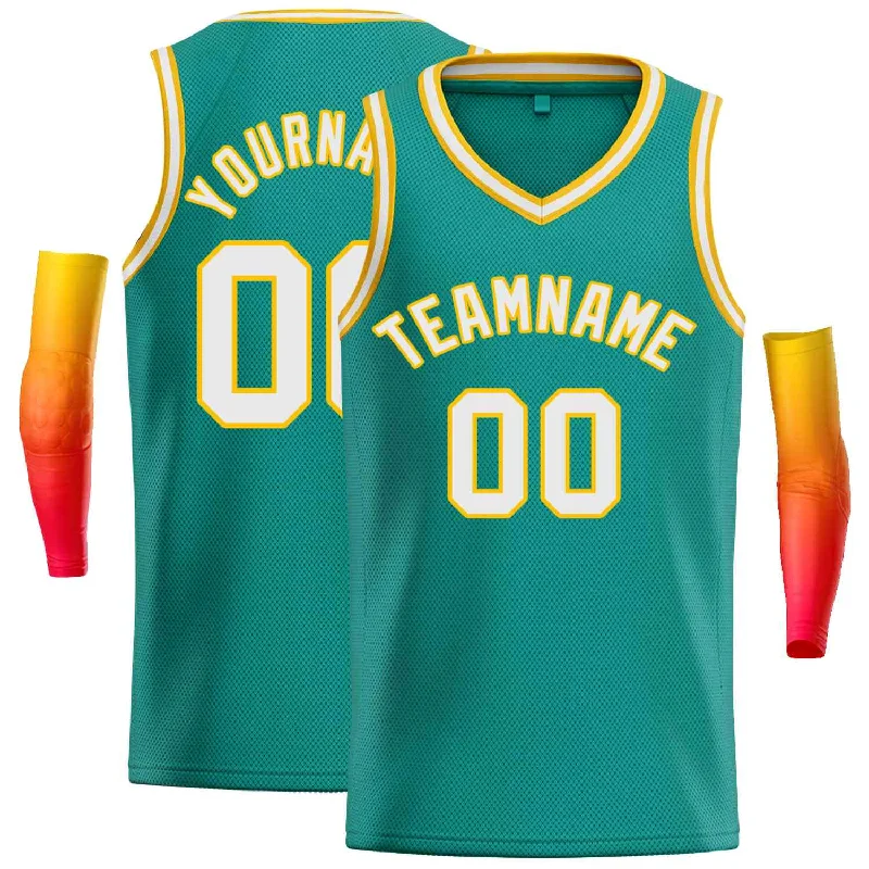 Men's basketball uniform team bundle -Custom Teal White-Yellow Classic Tops Men Casual Basketball Jersey