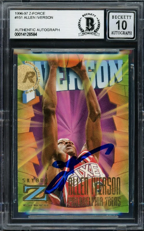 Men's basketball card custom layout -Allen Iverson Autographed 1996-97 Skybox Z Force Rookie Card #151 Philadelphia 76ers Auto Grade Gem Mint 10 Beckett BAS #14128584