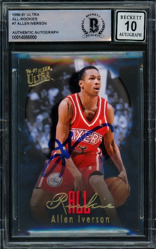 Men's basketball card trading deck -Allen Iverson Autographed 1996-97 Fleer Ultra All Rookie Card #7 Philadelphia 76ers Auto Grade Gem Mint 10 Beckett BAS #14866800