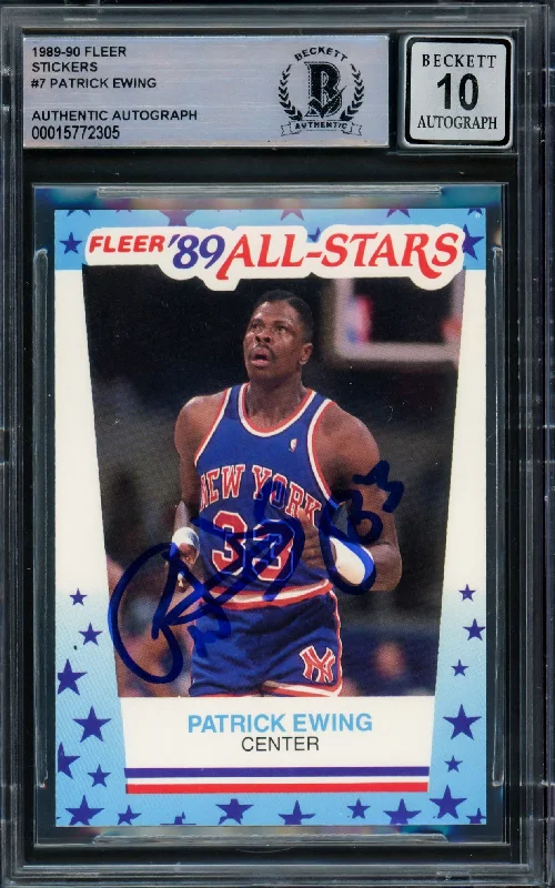 Men's basketball card stylish prints -Patrick Ewing Autographed 1989-90 Fleer Sticker Card #7 New York Knicks Auto Grade Gem Mint 10 Beckett BAS #15772305