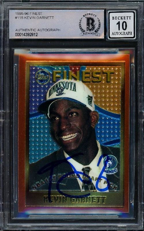 Men's basketball card jersey number -Kevin Garnett Autographed 1995-96 Topps Finest Rookie Card #115 Minnesota Timberwolves Auto Grade Gem Mint 10 Beckett BAS #14392812