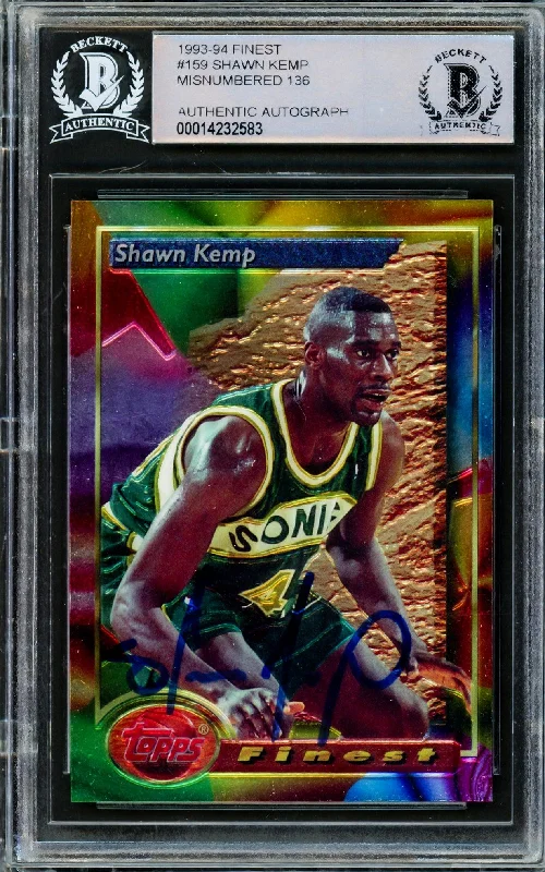 Men's basketball card protective sleeve -Shawn Kemp Autographed 1993 Topps Finest Card #136 Seattle Supersonics Beckett BAS #14232583