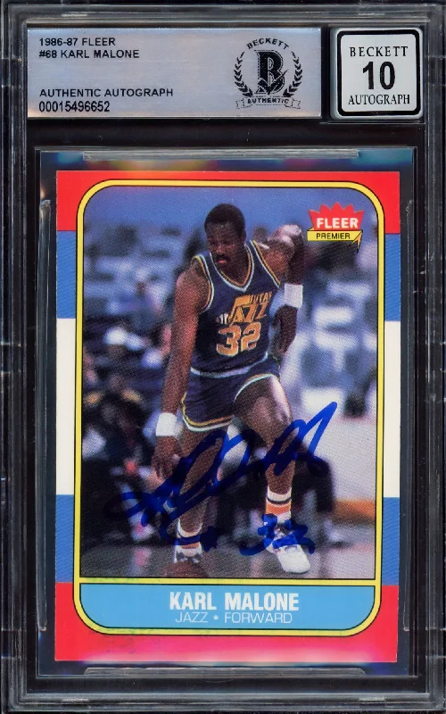 Men's basketball card custom sale -Karl Malone Autographed 1986-87 Fleer Rookie Card #68 Utah Jazz Auto Grade Gem Mint 10 Beckett BAS #15496652