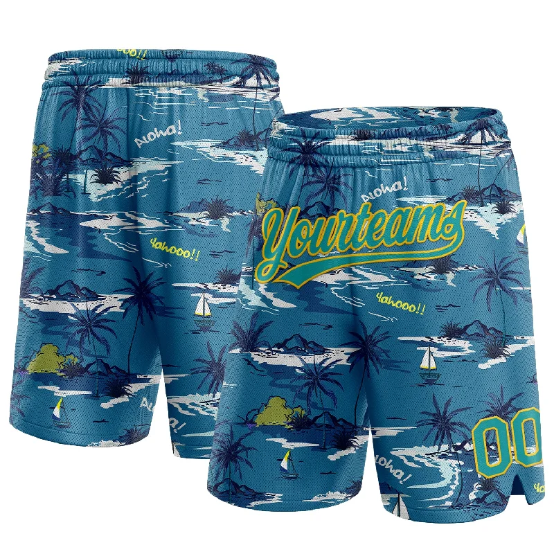 Men's basketball shorts dynamic-hybrid -Custom Navy Teal-Yellow 3D Pattern Hawaii Palm Trees And Island Authentic Basketball Shorts