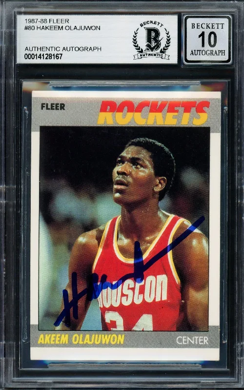 Men's basketball card squad cards -Hakeem Olajuwon Autographed 1987-88 Fleer Card #80 Houston Rockets Auto Grade Gem Mint 10 Beckett BAS #14128167