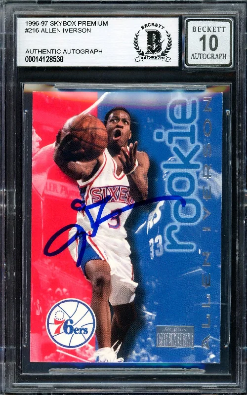 Men's basketball card team colors -Allen Iverson Autographed 1996-97 Skybox Premium Rookie Card #216 Philadelphia 76ers Auto Grade Gem Mint 10 Beckett BAS Stock #205771