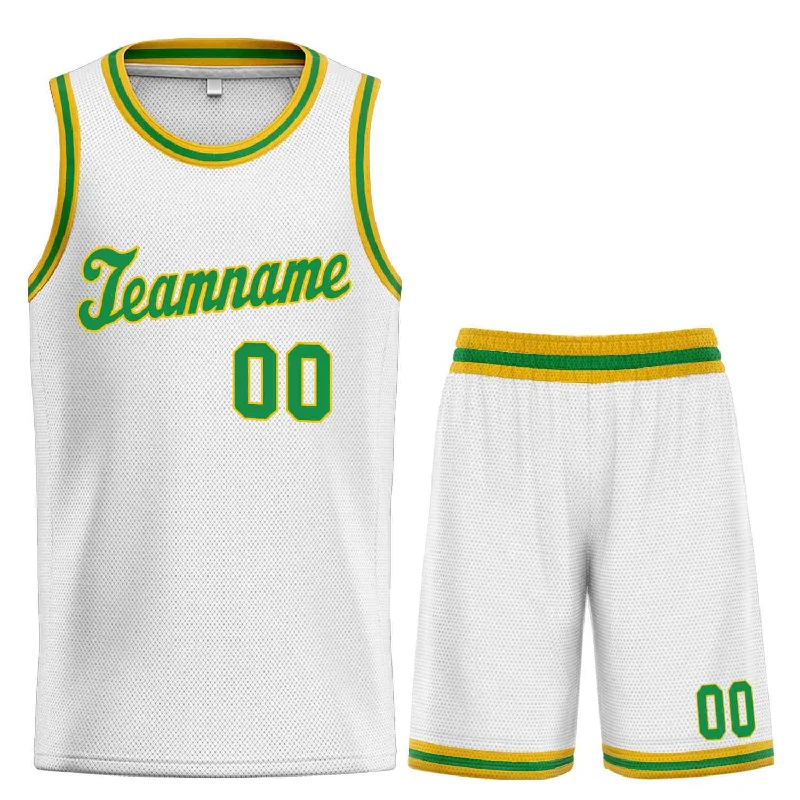 Men's basketball uniform stylish cuts -Custom White Green-Yellow Classic Sets Sports Uniform Basketball Jersey