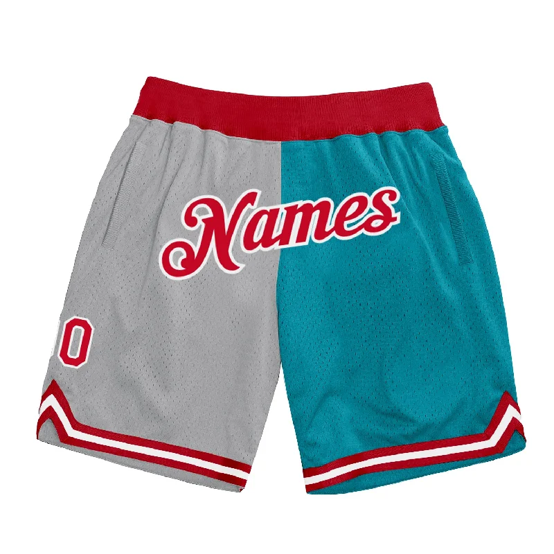 Men's basketball shorts rugged-pro -Custom Gray Red-Teal Authentic Throwback Split Fashion Basketball Shorts