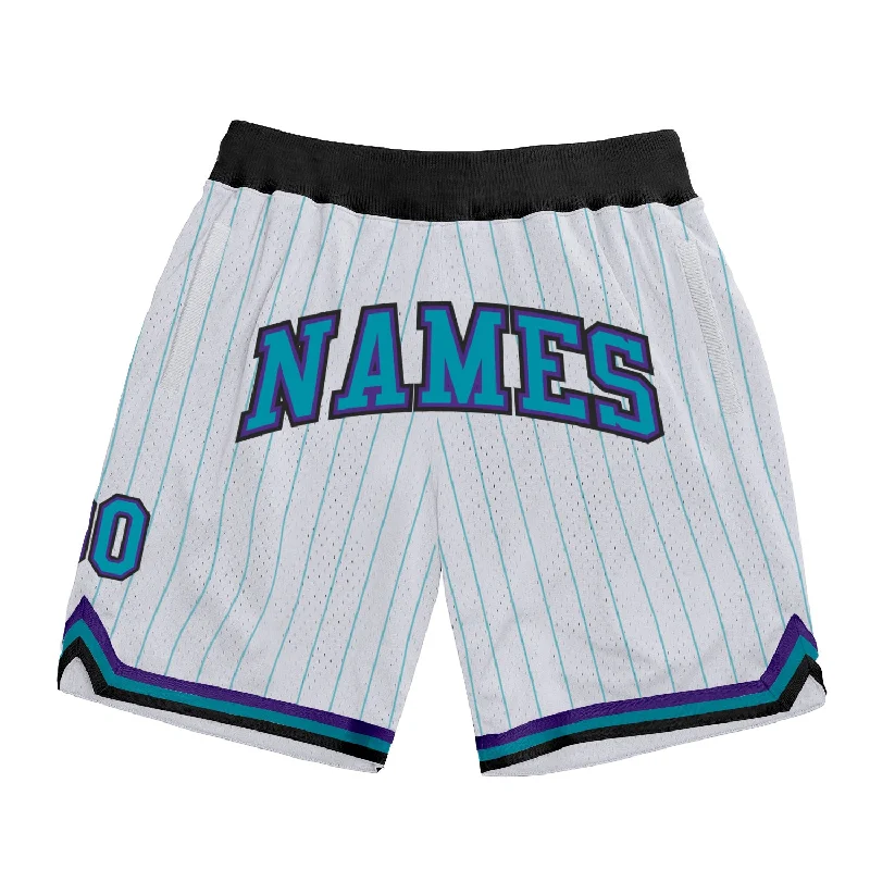 Men's basketball shorts quick-team -Custom White Teal Pinstripe Teal-Purple Authentic Basketball Shorts