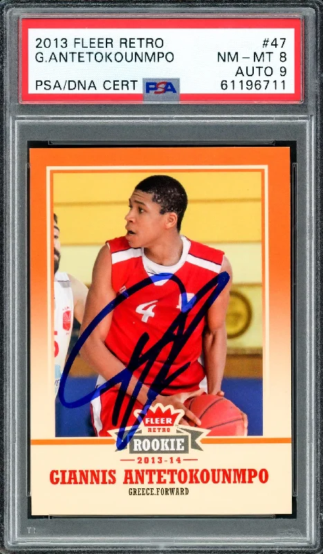 Men's basketball card autographed version -Giannis Antetokounmpo Autographed 2013 Fleer Retro Rookie Card #47 Milwaukee Bucks PSA 8 Auto Grade Mint 9 PSA/DNA #61196711