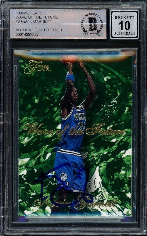 Men's basketball card seasonal release -Kevin Garnett Autographed 1995-96 Fleer Flair Wave of the Future Rookie Card #3 Minnesota Timberwolves Auto Grade Gem Mint 10 Beckett BAS #14392827