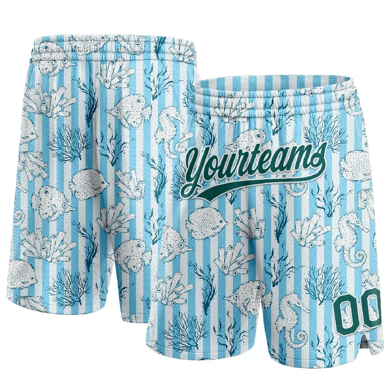 Men's basketball shorts lightweight-team -Custom Light Blue Midnight Green-White 3D Pattern Coral Fish And Seahorse Authentic Basketball Shorts