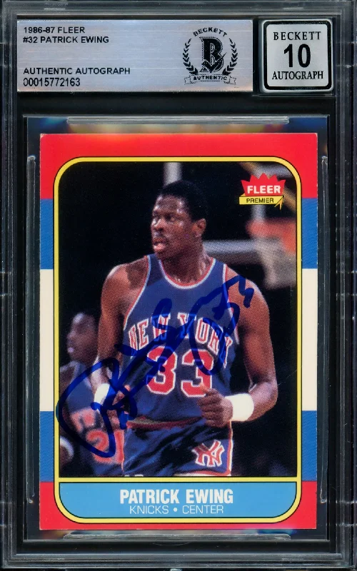 Men's basketball card rugged print -Patrick Ewing Autographed 1986-87 Fleer Rookie Card #32 New York Knicks Auto Grade Gem Mint 10 Beckett BAS #15772163