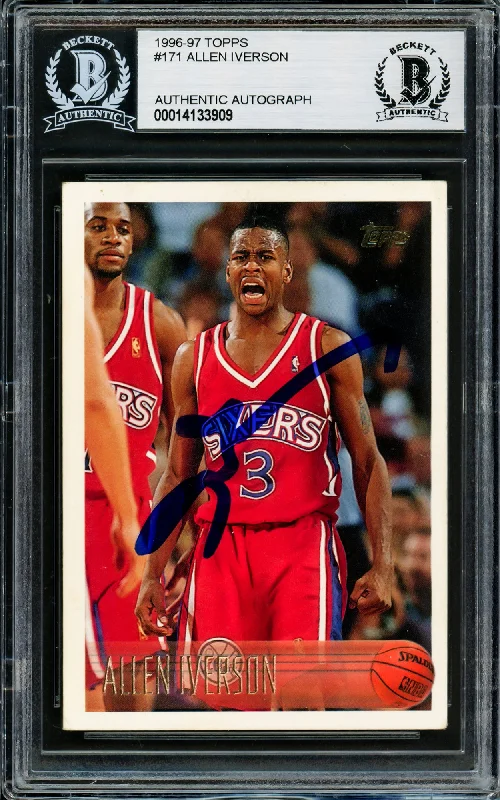 Men's basketball card youth edition -Allen Iverson Autographed 1996-97 Topps Card #171 Philadelphia 76ers Beckett BAS #14133909