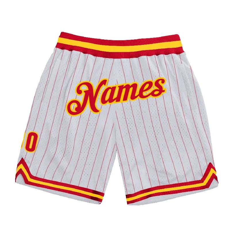 Men's basketball shorts pro-cut -Custom White Red Pinstripe Red-Gold Authentic Basketball Shorts