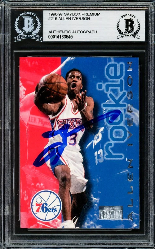 Men's basketball card pro lineup -Allen Iverson Autographed 1996-97 Skybox Premium Rookie Card #216 Philadelphia 76ers Beckett BAS #14133845