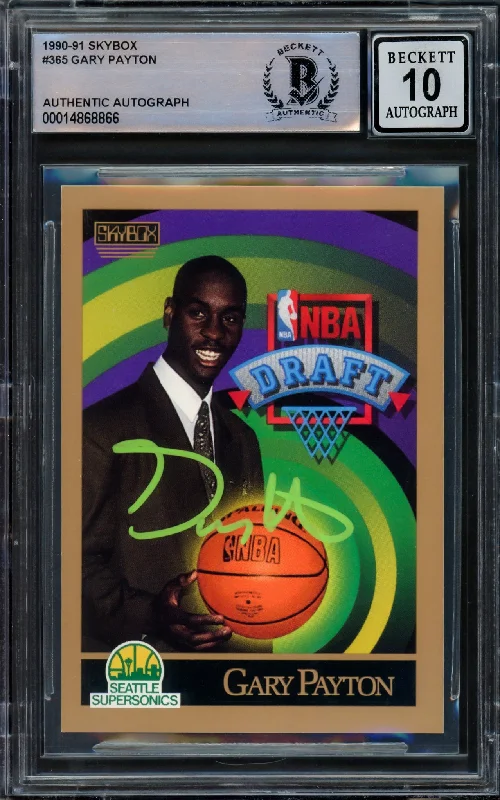 Men's basketball card pro decks -Gary Payton Autographed 1990-91 Skybox Rookie Card #365 Seattle Supersonics Auto 10 Beckett BAS Stock #210483