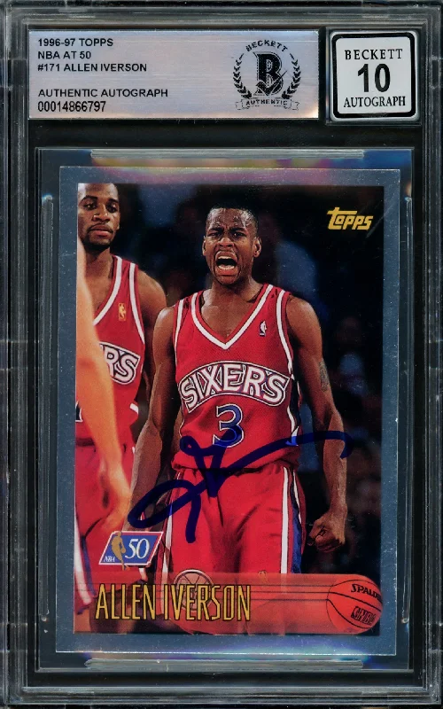 Men's basketball card glossy card -Allen Iverson Autographed 1996-97 Topps NBA at 50 Rookie Card #171 Philadelphia 76ers Auto Grade Gem Mint 10 Beckett BAS #14866797