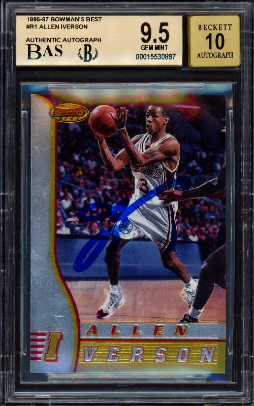 Men's basketball card quality assortment -Allen Iverson Autographed 1996-97 Bowman's Best Rookie Card #R1 Philadelphia 76ers BGS 9.5 Auto Grade Gem Mint 10 Beckett BAS #15530897